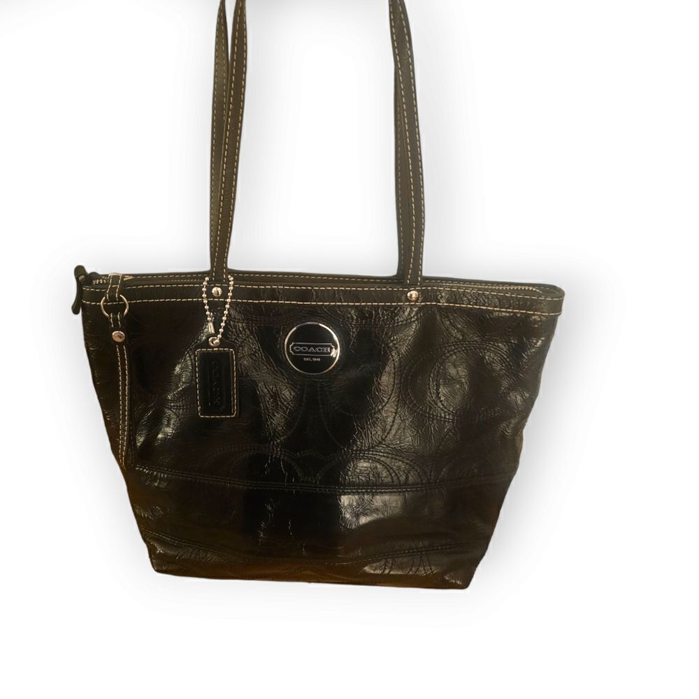 COACH Black Patent Leather Signature Stripe Tote Shoulder Bag (F15142)